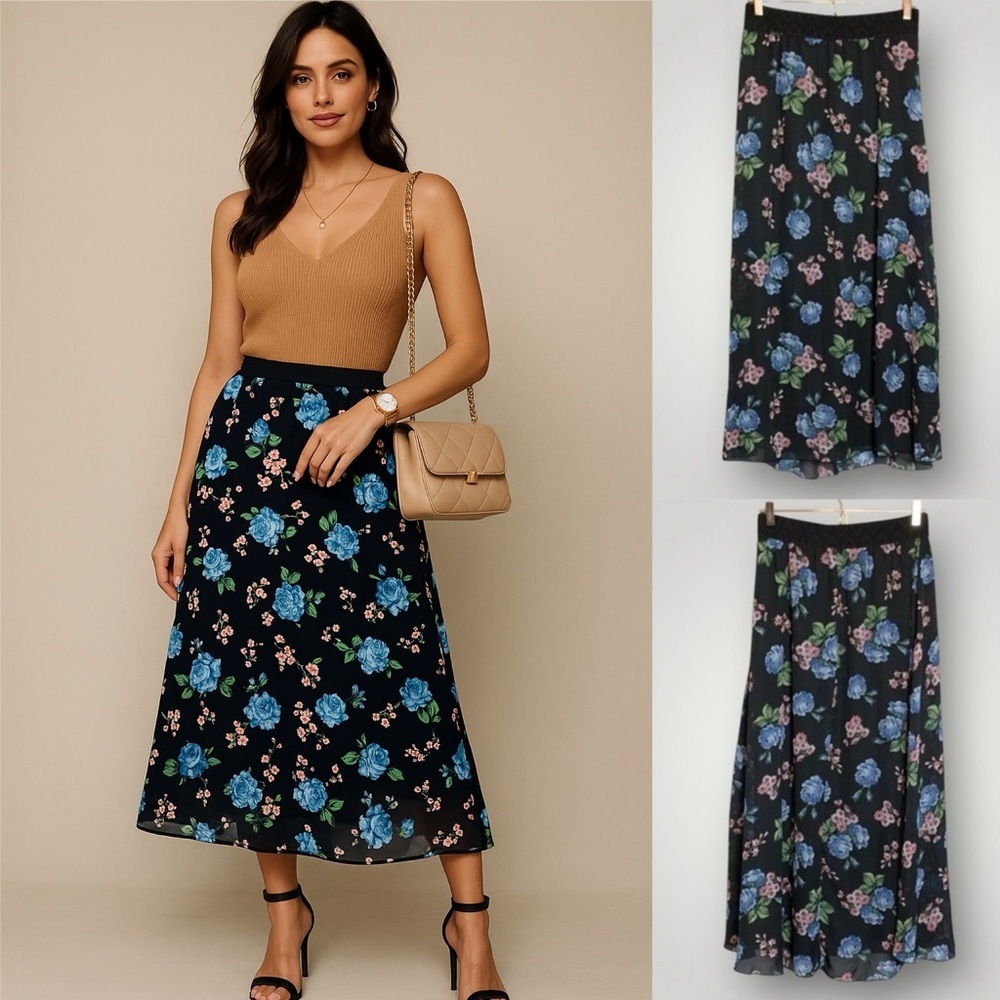 Lularoe Lola Skirt Size Medium Midi Lined With Sheer Floral Overlay 39” Length
